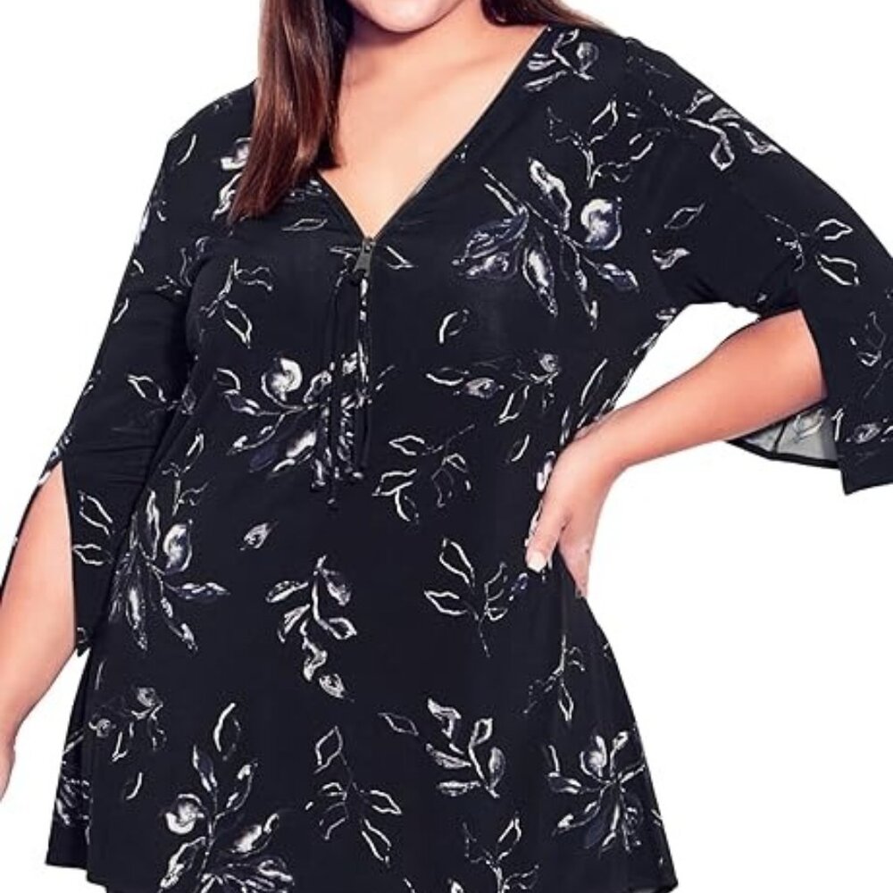 New Avenue Studio Luella Top Tunic Zip Front NWT 22/24 3X Black Dark Blue Floral